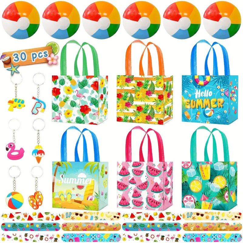 30 PCS Summer Beach Tote Bag Set with Pool Party Favors - Tropical Luau Birthday Party Supplies, Includes Plastic Bags, Silicone Beach Balls, Slap Bracelets, and Keychain Accessories_0