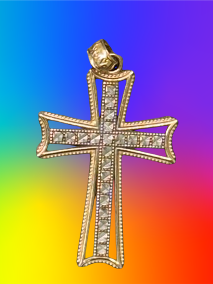 14k yellow and white gold(two-tone) diamond cut cross pendant,1.30 gram_0