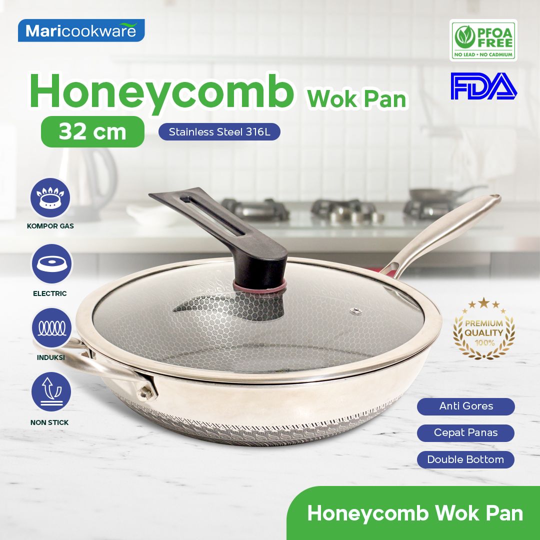 STAINLESS 316L HONEY COMB WOK PAN 32CM + LID_0