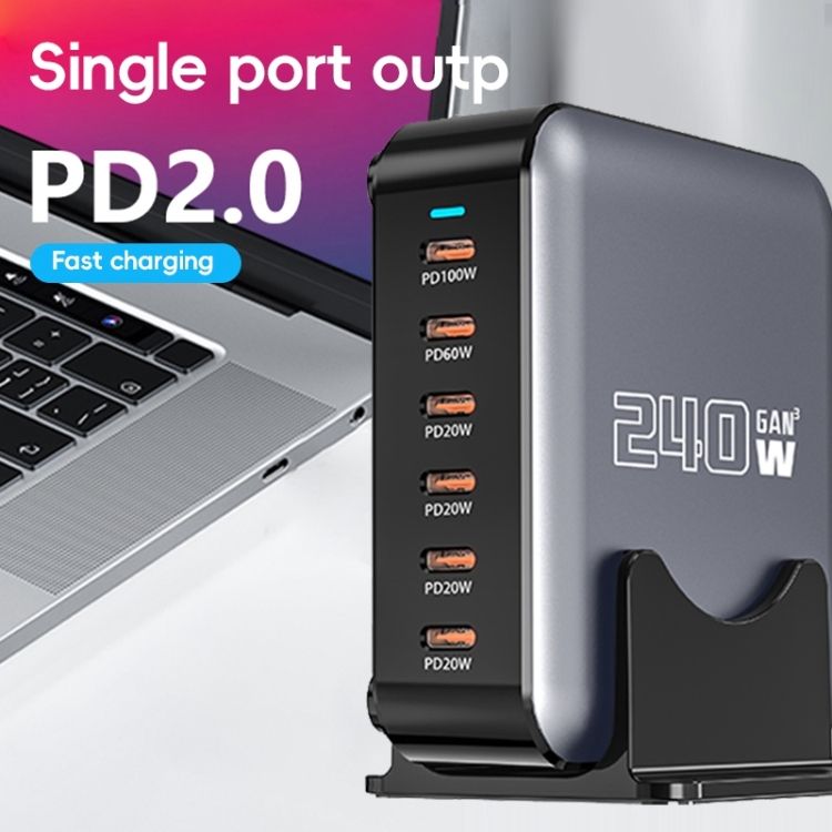 240W GaN 6-Ports USB-C / Type-C Multi Sharing Desktop Charger, Plug:UK Plug Grey_1