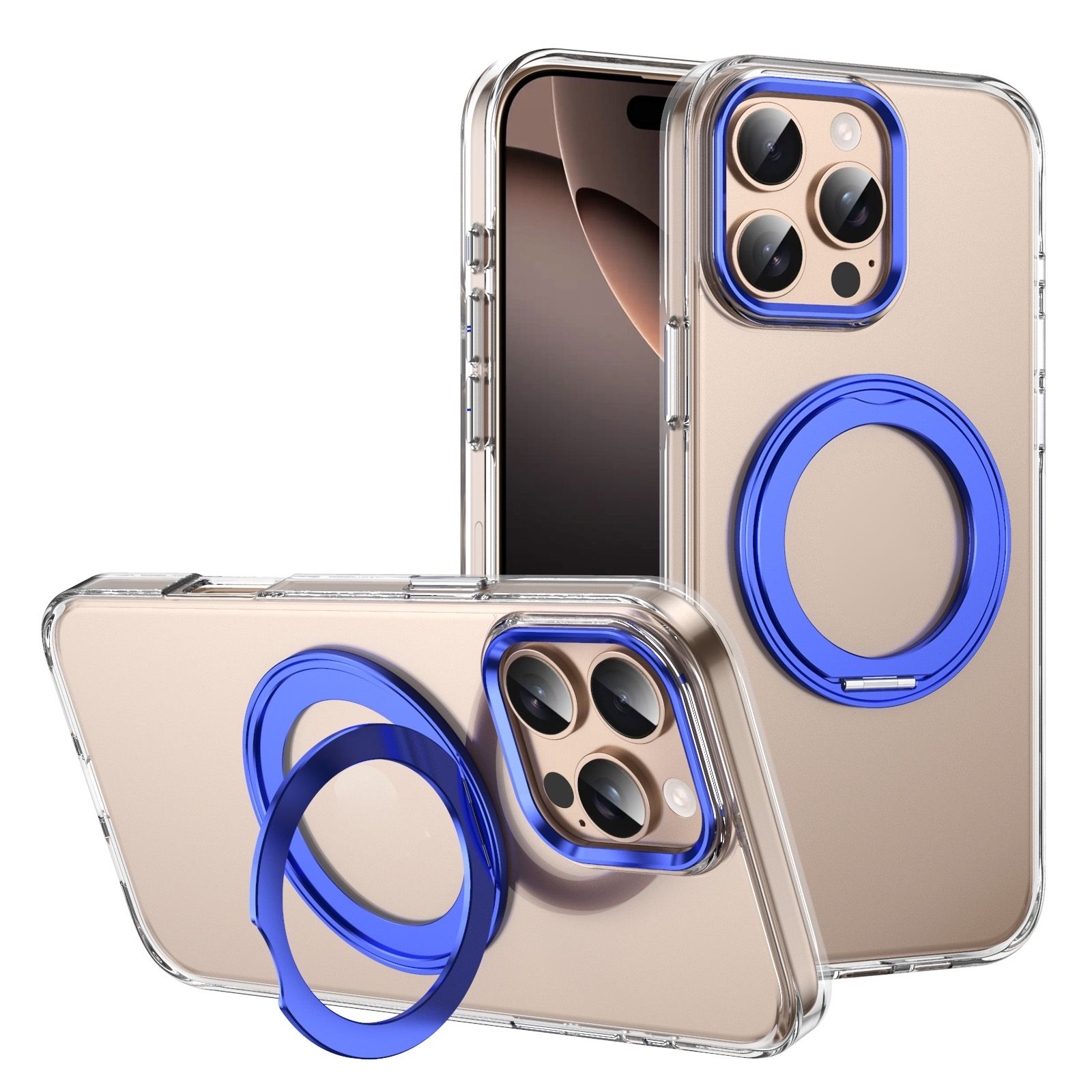 For iPhone 16 Pro Max Ice-Cold Rotating Ring Holder PC MagSafe Phone Case Blue_0