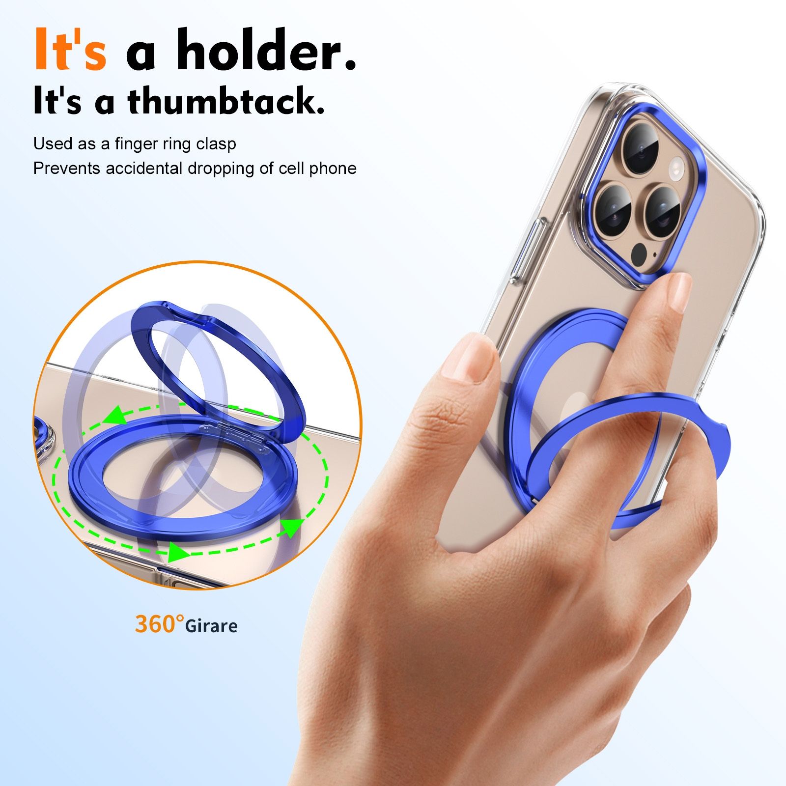 For iPhone 16 Pro Max Ice-Cold Rotating Ring Holder PC MagSafe Phone Case Blue_6