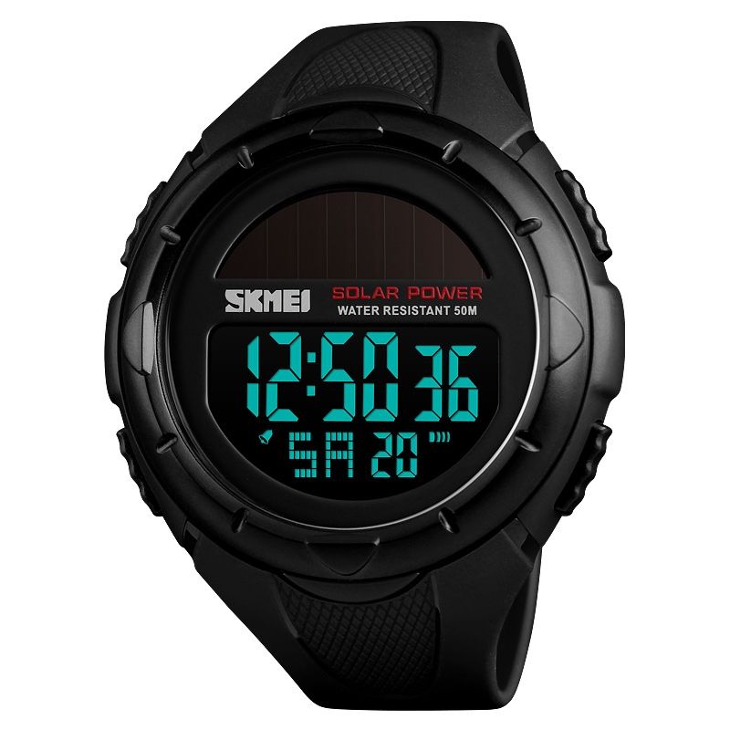  Fashion Solar Power Outdoor Sports Watch Multifunctional 50m Waterproof Men Digital Watch(Black)_0