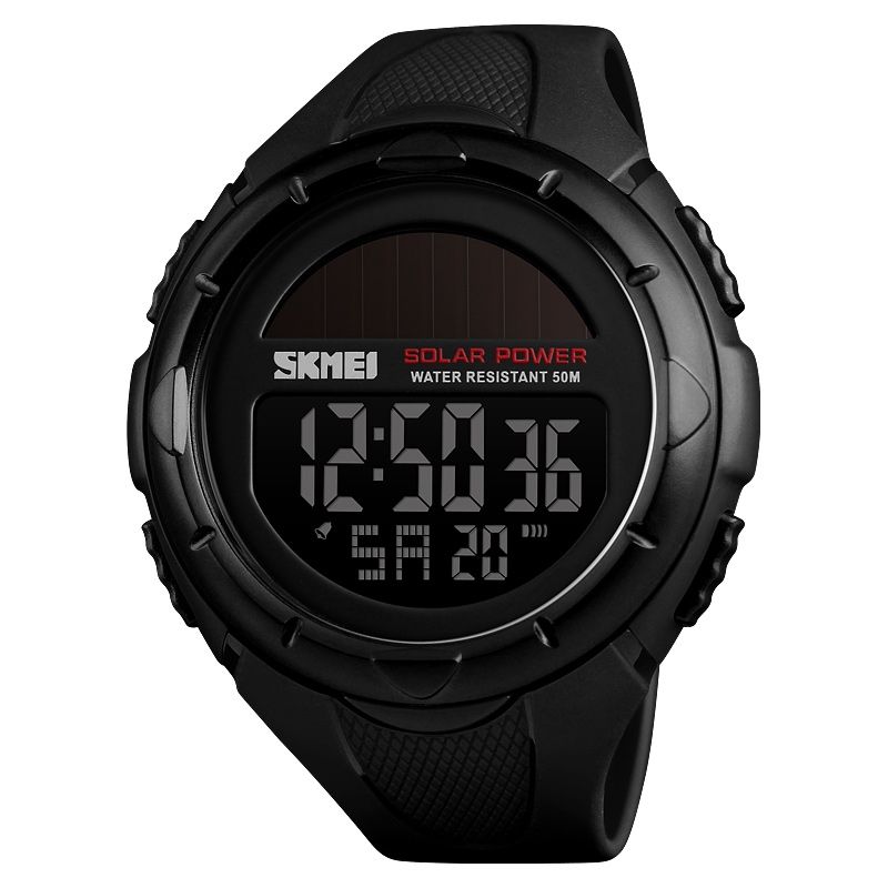  Fashion Solar Power Outdoor Sports Watch Multifunctional 50m Waterproof Men Digital Watch(Black)_1