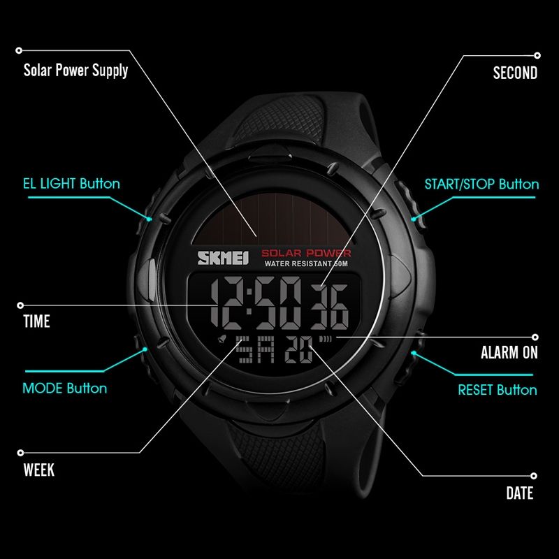  Fashion Solar Power Outdoor Sports Watch Multifunctional 50m Waterproof Men Digital Watch(Black)_3