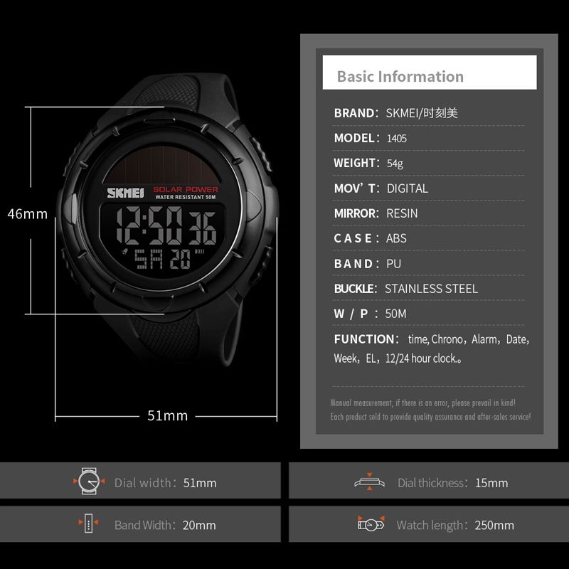  Fashion Solar Power Outdoor Sports Watch Multifunctional 50m Waterproof Men Digital Watch(Black)_5