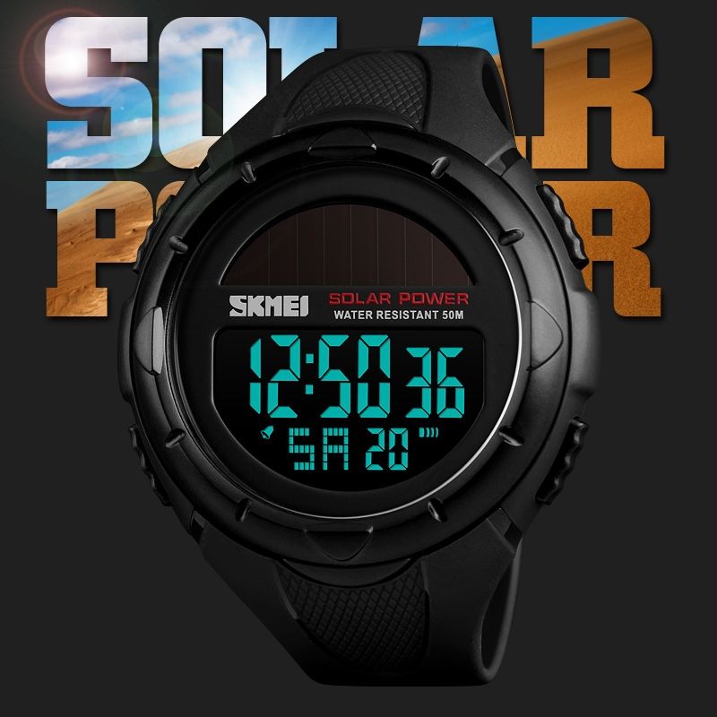  Fashion Solar Power Outdoor Sports Watch Multifunctional 50m Waterproof Men Digital Watch(Black)_7