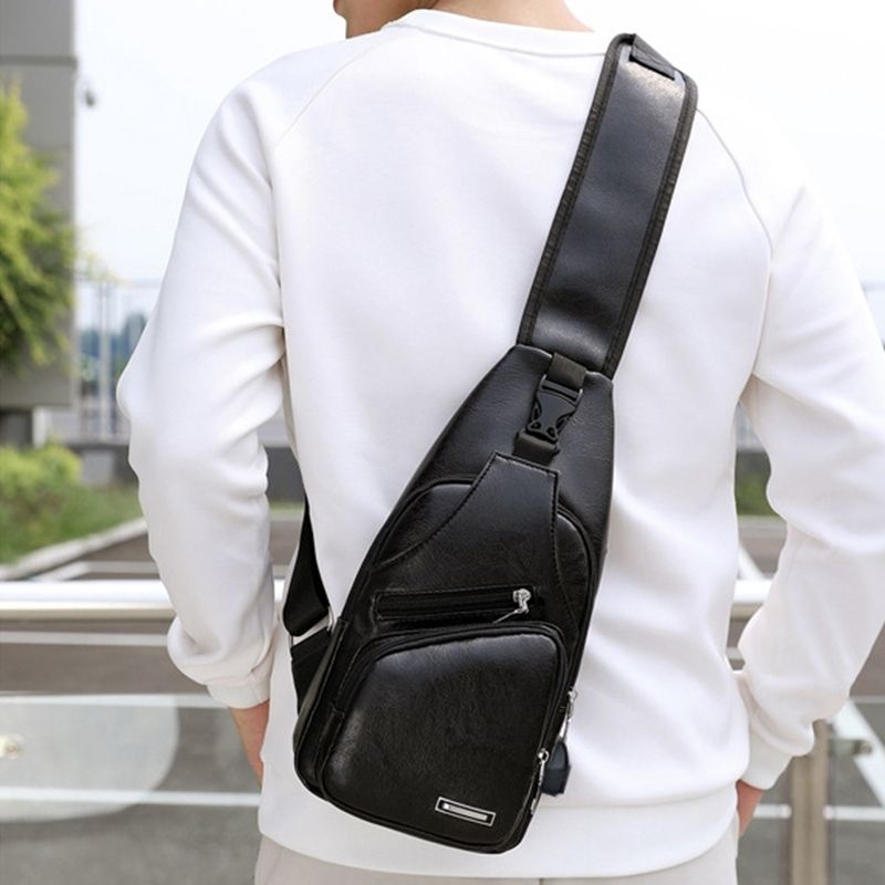 Waterproof Leisure PU Leather Single Shoulder Bag Men Chest Bag with USB Charging Port and Headphone Hole Black_0