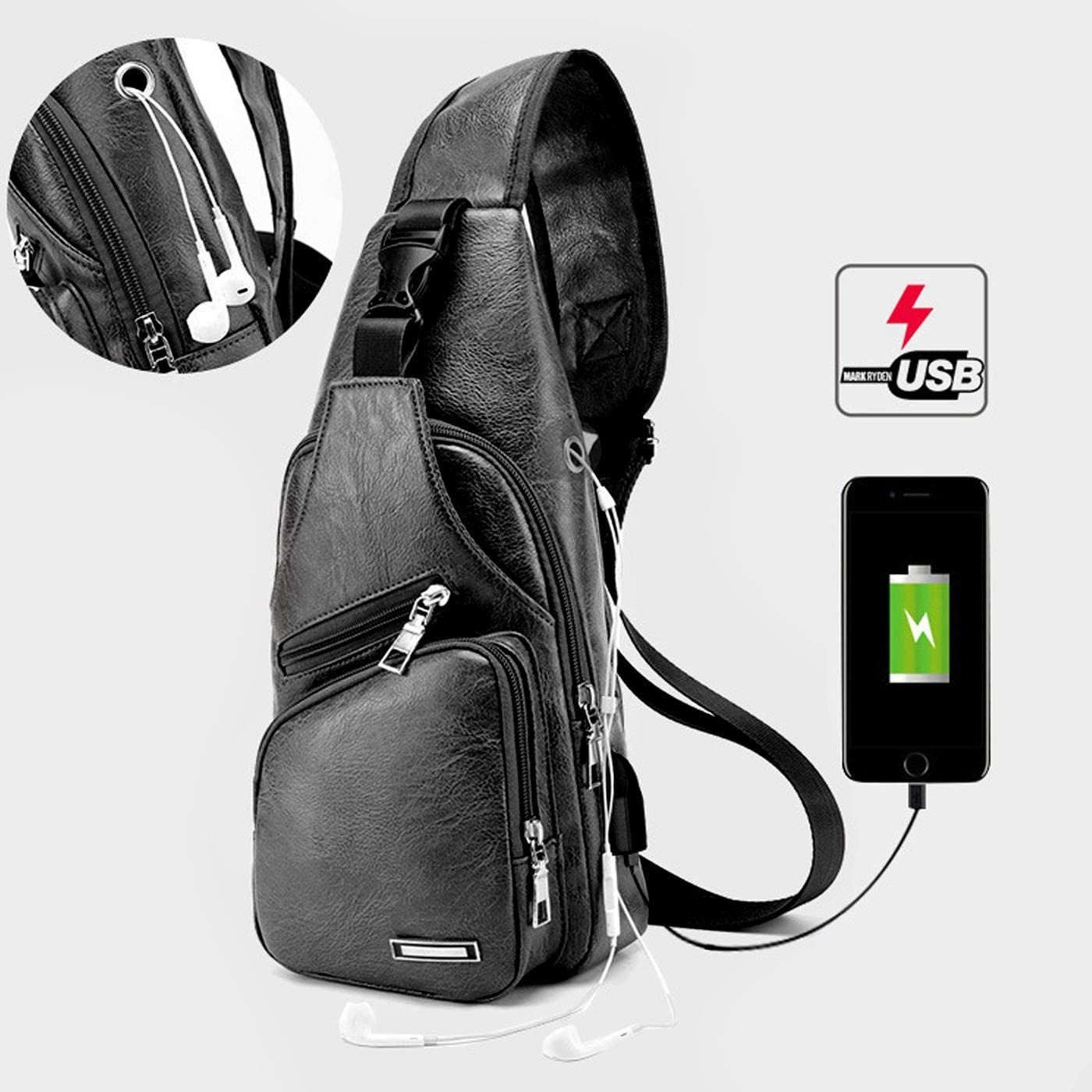 Waterproof Leisure PU Leather Single Shoulder Bag Men Chest Bag with USB Charging Port and Headphone Hole Black_5