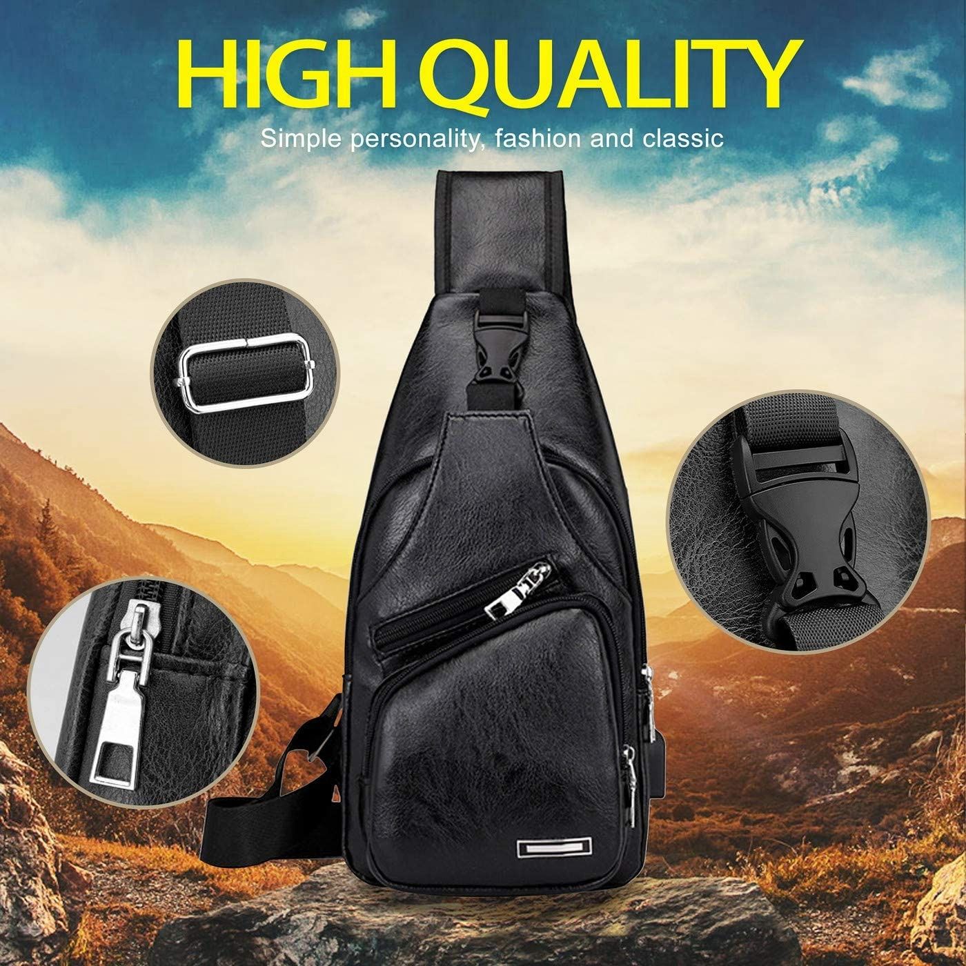 Waterproof Leisure PU Leather Single Shoulder Bag Men Chest Bag with USB Charging Port and Headphone Hole Black_7