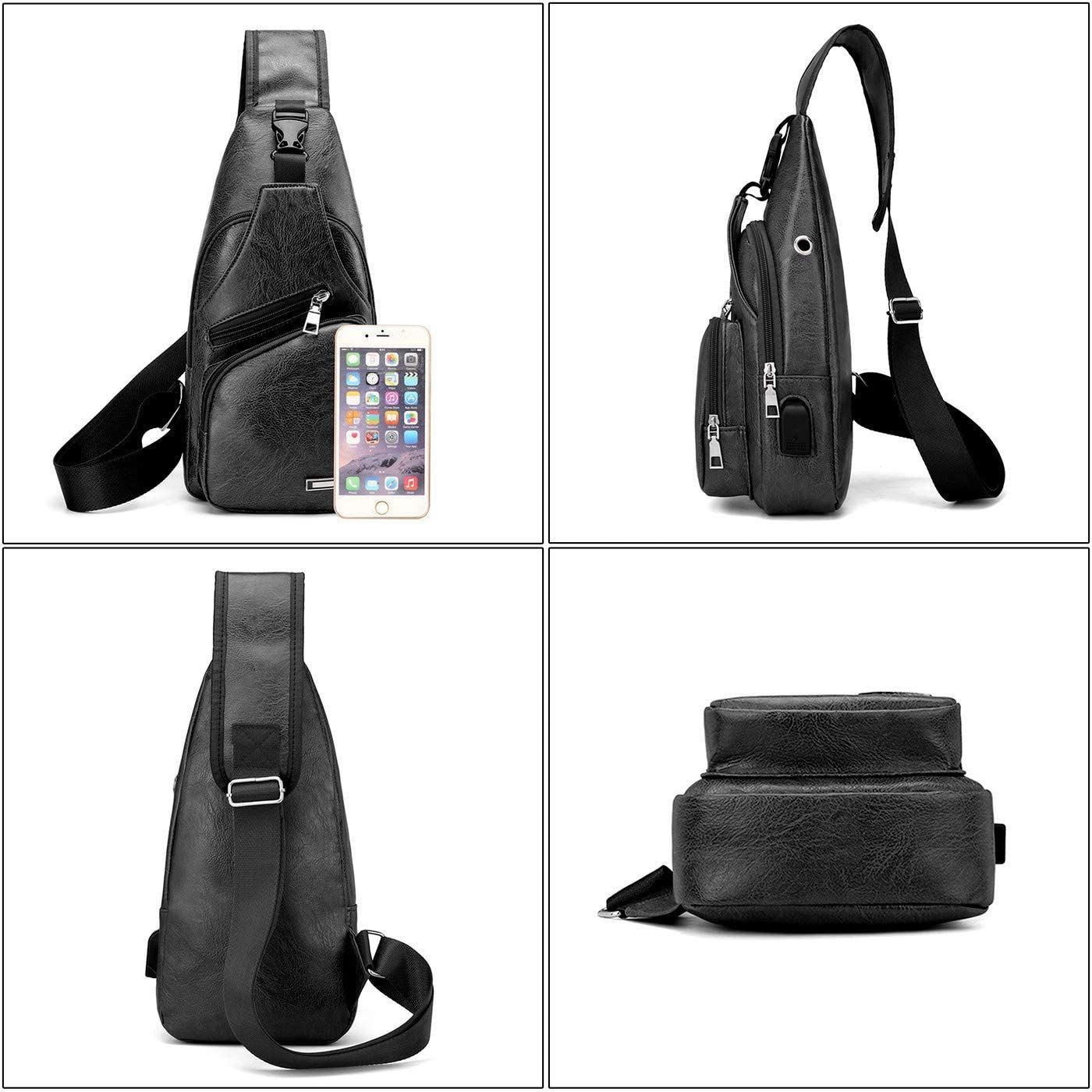 Waterproof Leisure PU Leather Single Shoulder Bag Men Chest Bag with USB Charging Port and Headphone Hole Black_3