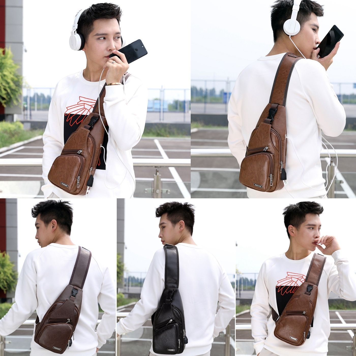 Waterproof Leisure PU Leather Single Shoulder Bag Men Chest Bag with USB Charging Port and Headphone Hole Black_6