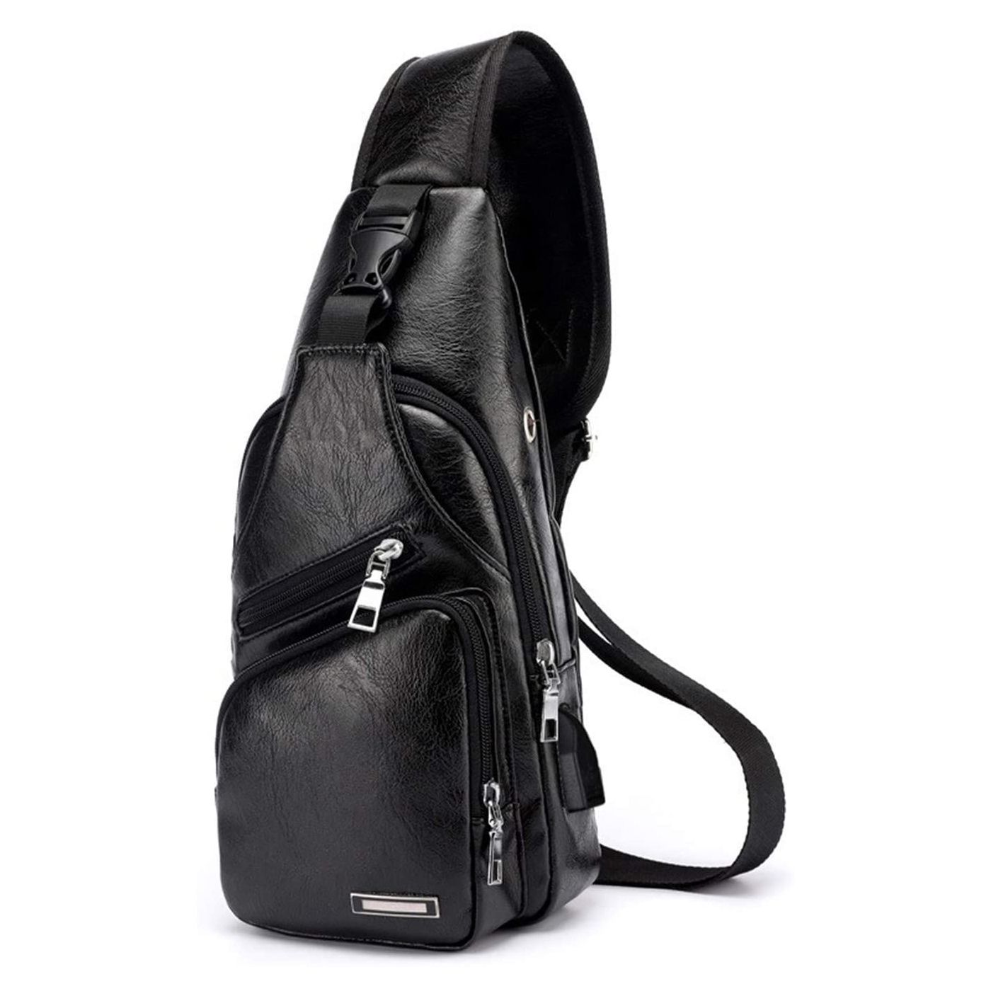 Waterproof Leisure PU Leather Single Shoulder Bag Men Chest Bag with USB Charging Port and Headphone Hole Black_1