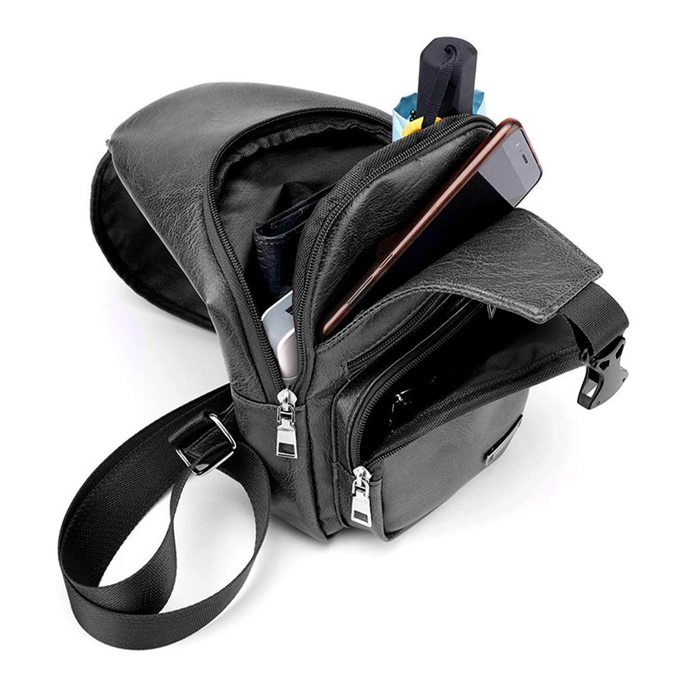 Waterproof Leisure PU Leather Single Shoulder Bag Men Chest Bag with USB Charging Port and Headphone Hole Black_2