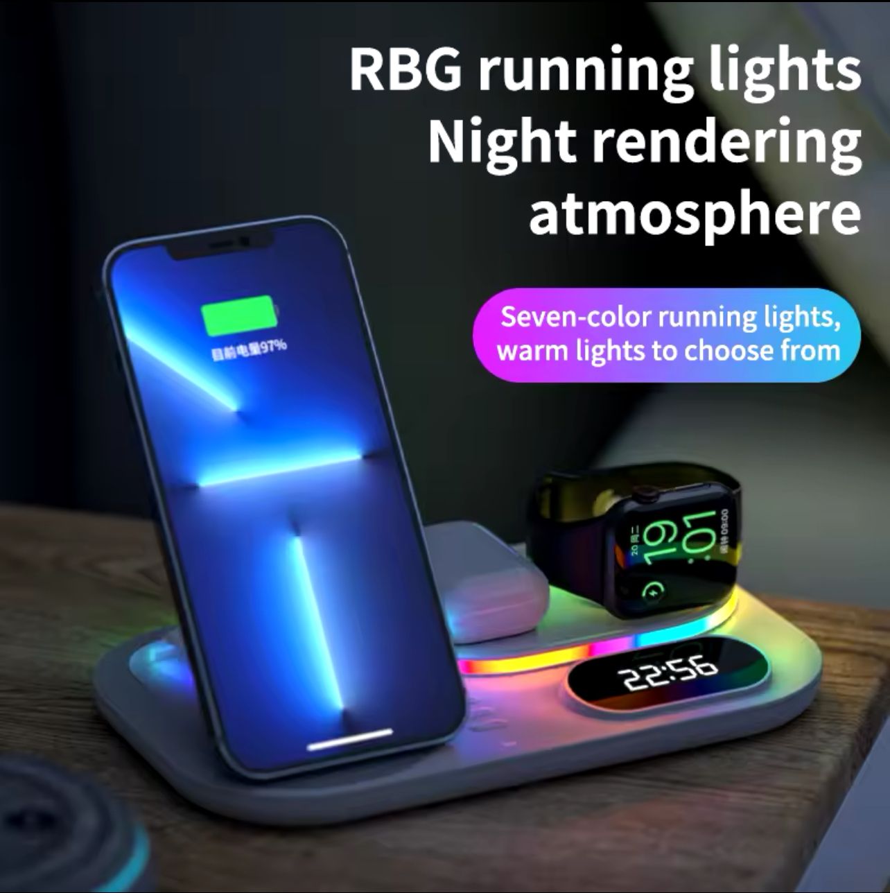 Station de Charge 3-en-1 pour Téléphone, Écouteurs et Smartwatch avec LED RGB_0