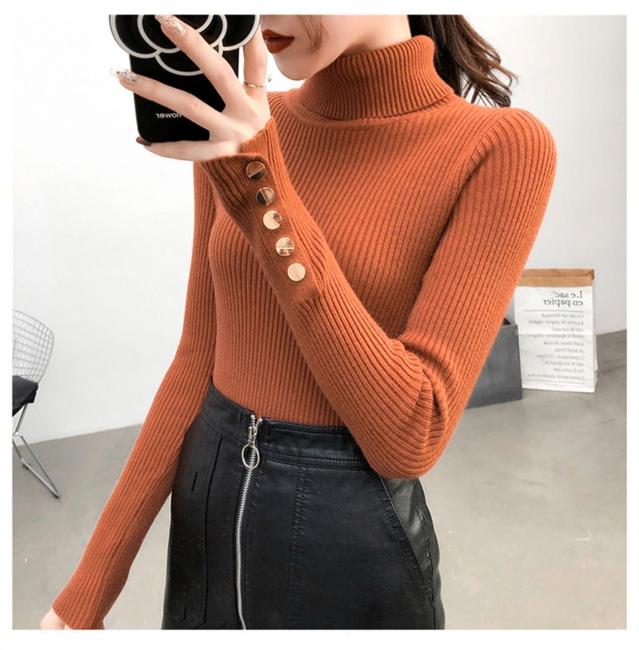 Winter sweater pullover long sleeve button turtleneck chic sweater slim knit soft Fabric Pullover top_1