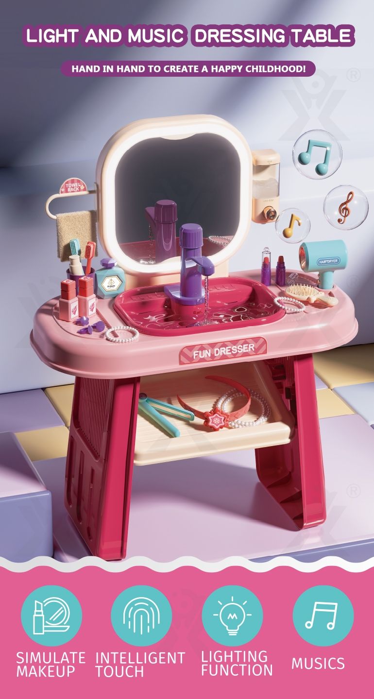 Coiffeuse Enfant avec Miroir, Lumière LED, 23 Accessoires, Rose_1