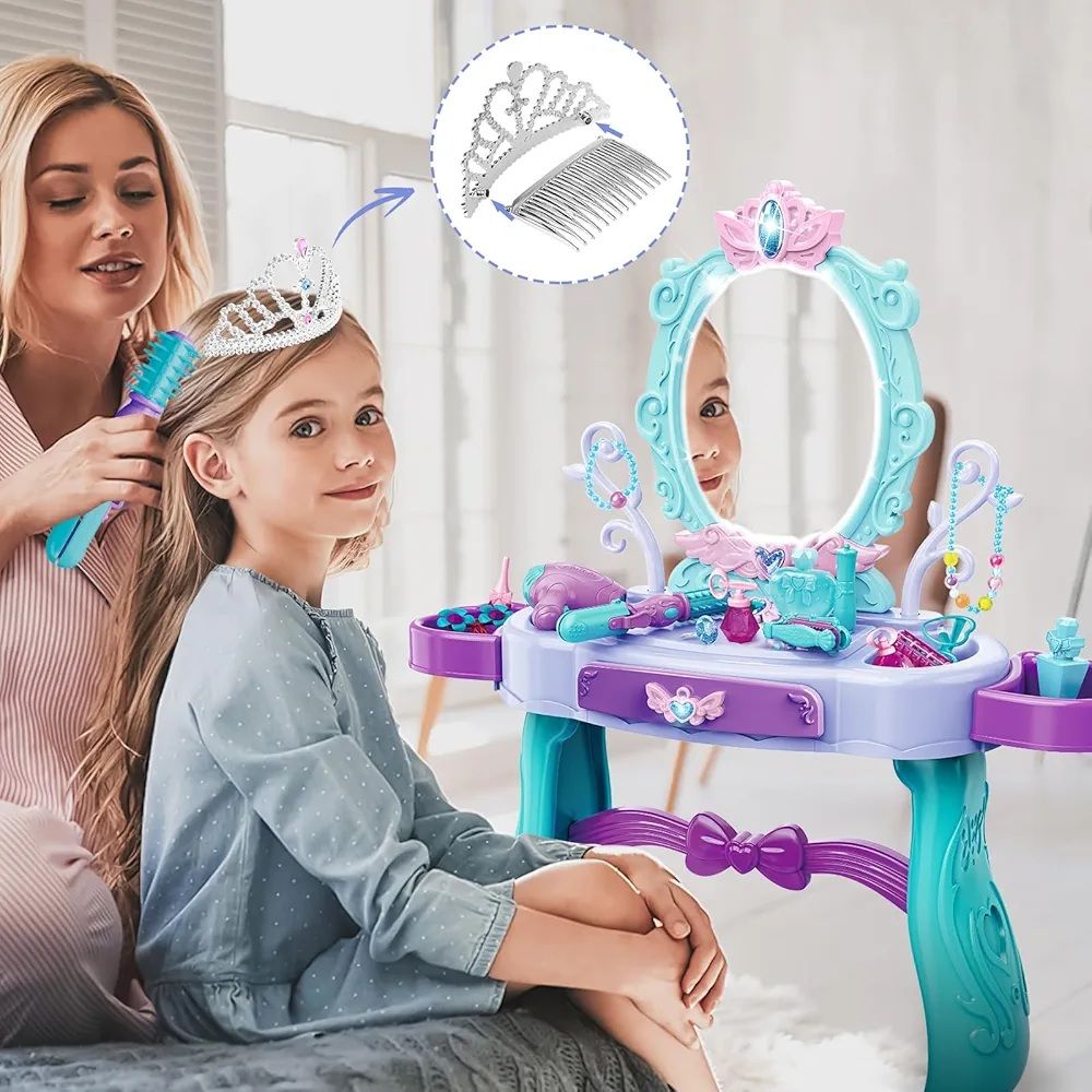 Table De Maquillage pour Fille avec Tabouret,Lumière Et Miroir,Coiffeuse avec Accessoires,Maquillage Jouets Jeu De Rôle,Coffret Maquillage Enfant Makeup Set,Jouet pour Fille 3+ Ans(Bleu)_1