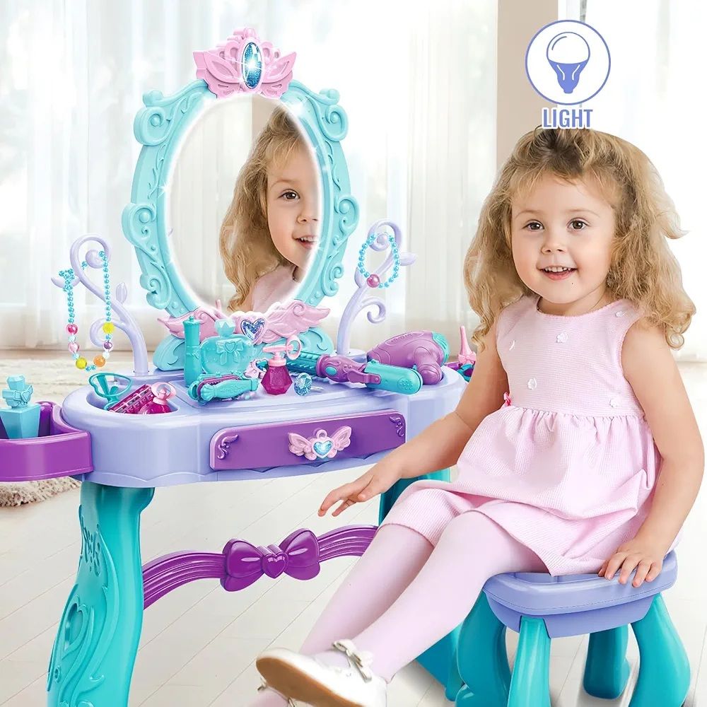 Table De Maquillage pour Fille avec Tabouret,Lumière Et Miroir,Coiffeuse avec Accessoires,Maquillage Jouets Jeu De Rôle,Coffret Maquillage Enfant Makeup Set,Jouet pour Fille 3+ Ans(Bleu)_3