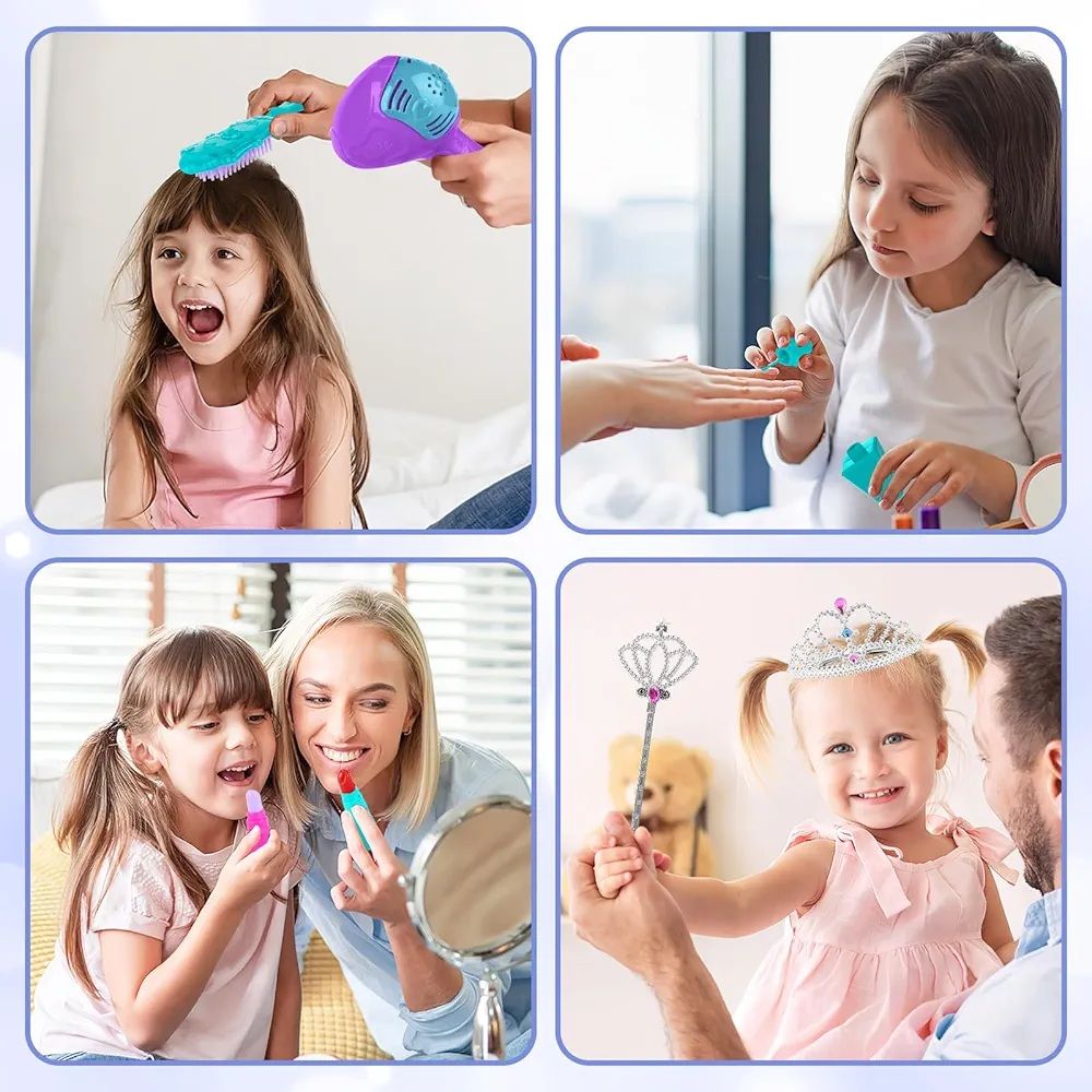 Table De Maquillage pour Fille avec Tabouret,Lumière Et Miroir,Coiffeuse avec Accessoires,Maquillage Jouets Jeu De Rôle,Coffret Maquillage Enfant Makeup Set,Jouet pour Fille 3+ Ans(Bleu)_4