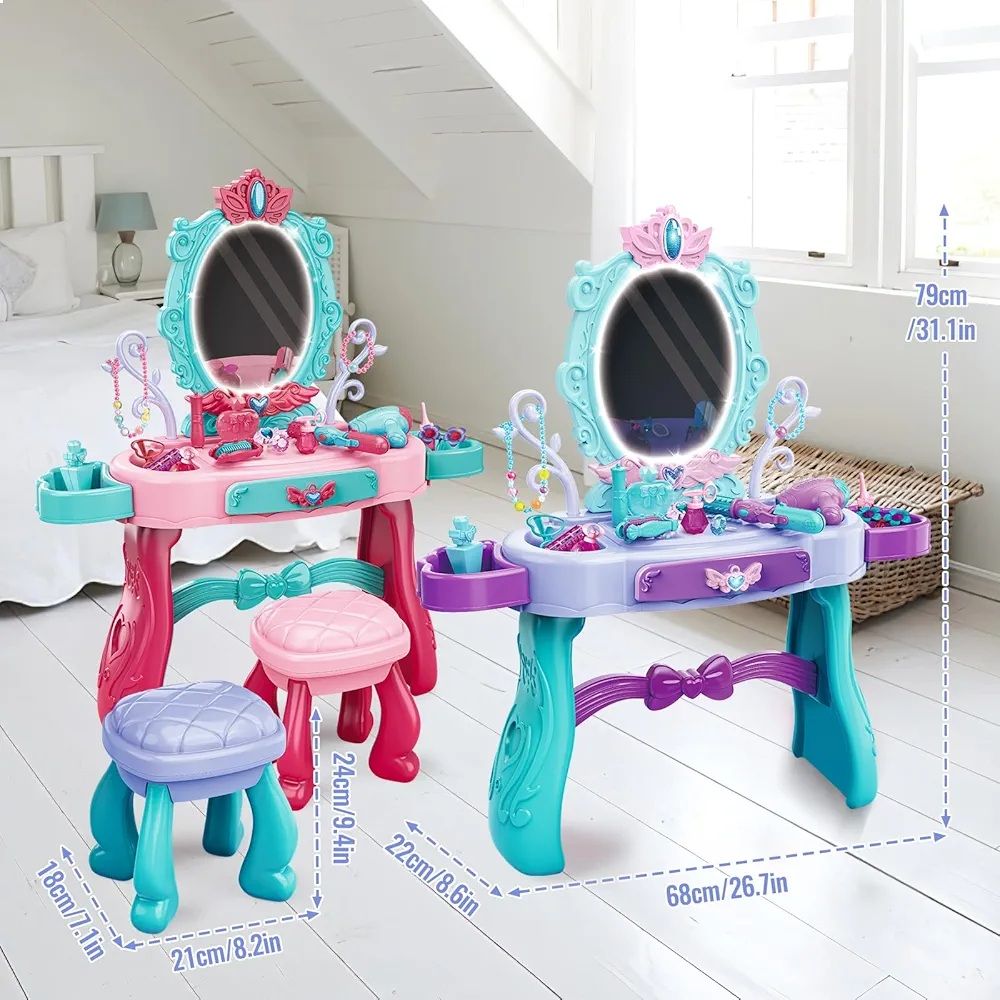 Table De Maquillage pour Fille avec Tabouret,Lumière Et Miroir,Coiffeuse avec Accessoires,Maquillage Jouets Jeu De Rôle,Coffret Maquillage Enfant Makeup Set,Jouet pour Fille 3+ Ans(Bleu)_5