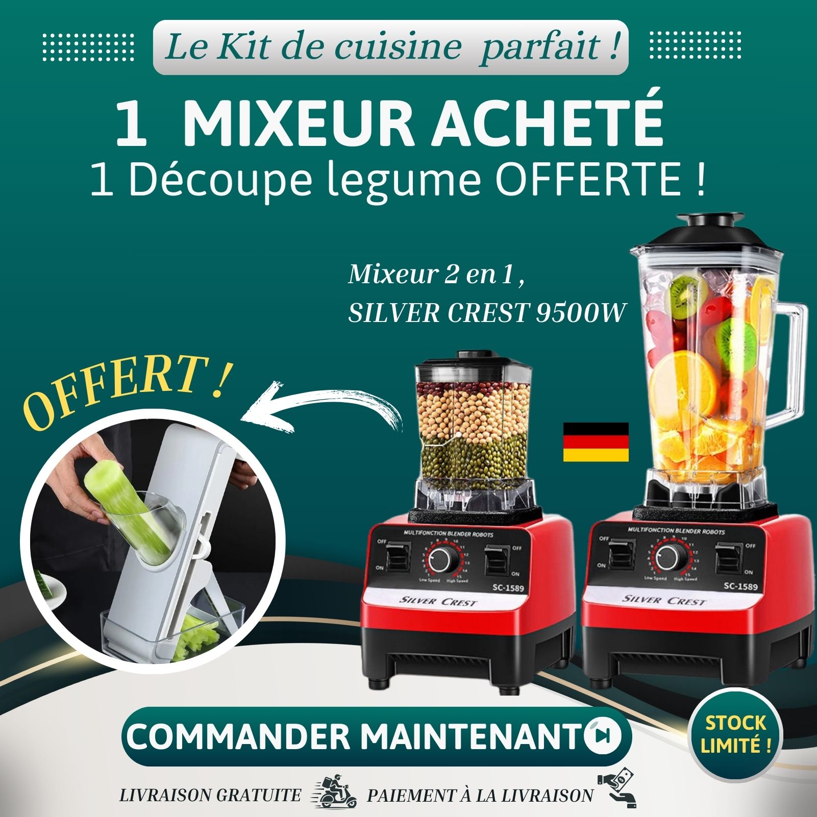 Mixeur Silver Crest 2 en 1 – Puissance 9500W + 1 Découpe-légume OFFERT !_0