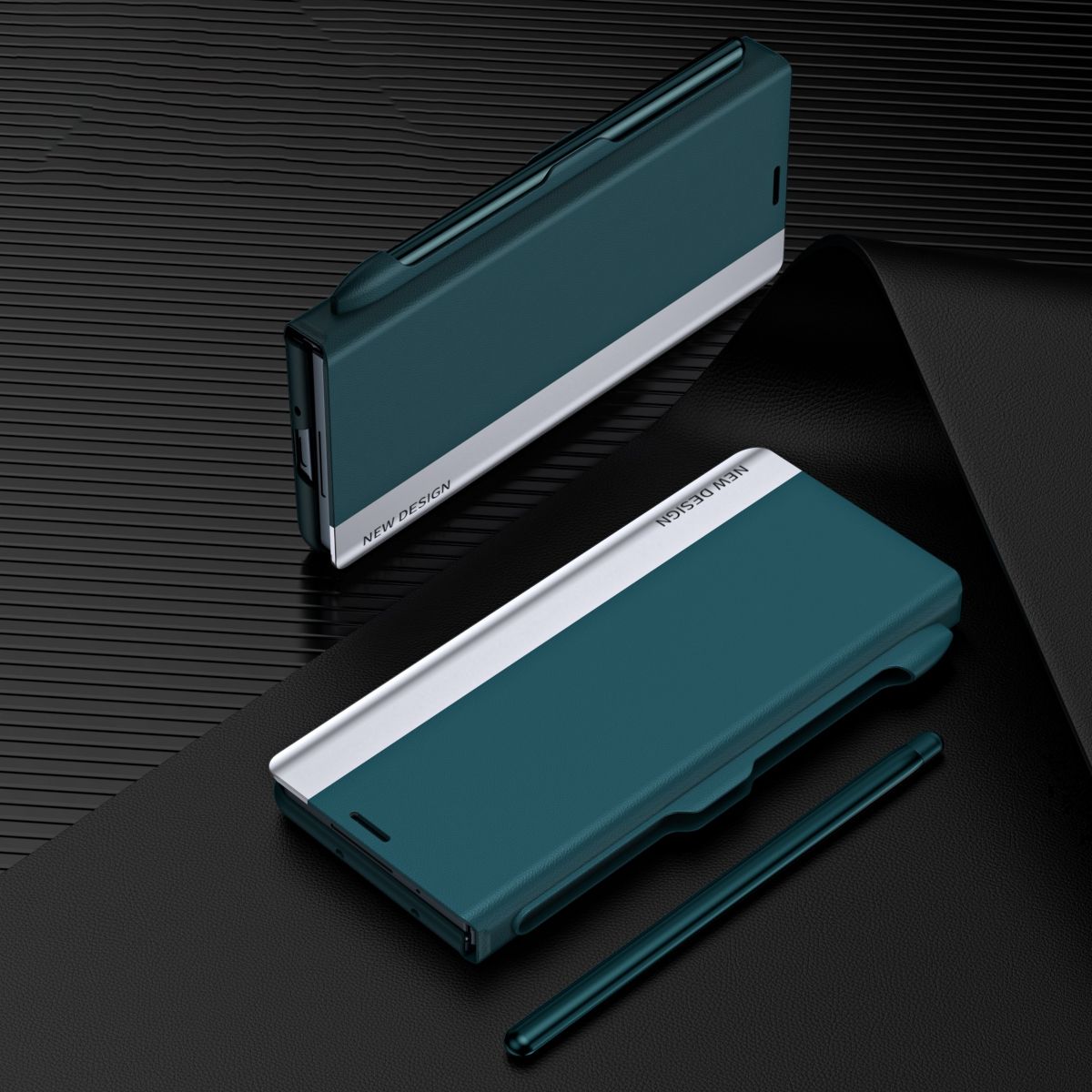 For Samsung Galaxy Z Fold 5 5G Side Electroplating Adsorption Ultra-thin Leather Phone Case with Pen Green_1