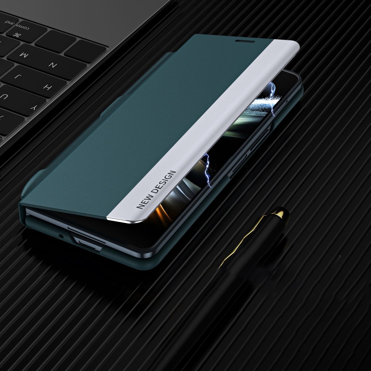 For Samsung Galaxy Z Fold 5 5G Side Electroplating Adsorption Ultra-thin Leather Phone Case with Pen Green_2