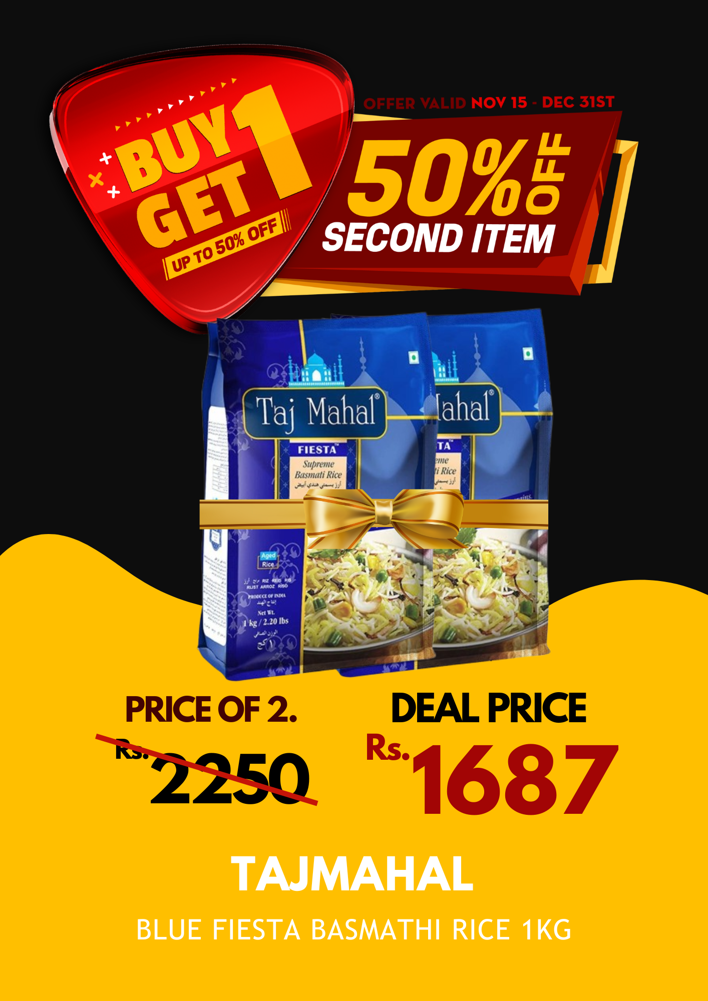 Taj mahal blue fiesta basmathi rice 1kg X 2 BOGO 50%_0