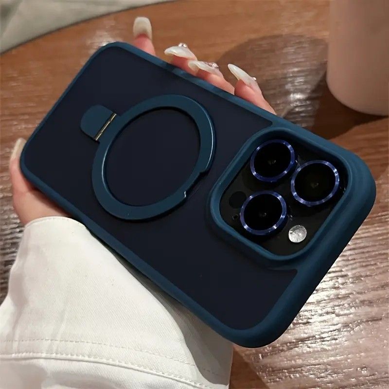 Luxury Magnetic Holder Armor Shockproof Wireless Charging Phone Case, For iPhone 15 Pro Max / Navy Blue_0