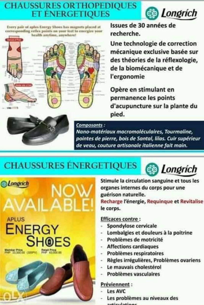 Chaussures énergétiques de longrich Elle stimule la circulation sanguine et tous les organes internes pour une guérison naturelle Balance et aligne l’angle de l’or Augmente la guérison naturelle, maintient l’équilibre du corps et brûle les graisses Vous ne pouvez jamais manquer d’énergie ou être fatigué. Vous pouvez même la porter au lit Elle a des aimants placés à des pointes réflexes correspondants sur vos pieds pour dynamiser votre santé n’importe où et n’importe quand La chaussure A-Plus de Longrich est destinée à: Personnes souffrantes de spondylose cervicale /lombaire Menstruation irrégulière Déséquilibre hormonal Problèmes ovariens Problèmes mammaires Maladies cardiaques Hémiplégie Paralysie Arthrose Rhumatisme Arthrite Problèmes majeurs de l’or et des articulations,  accident vasculaire cérébrale etc Augmente l’endurance, recharge, rédémarre et ravitalise Corrige les arcs de pieds, rectifie le squelette du corps Corrige la colone vertébrale Faite à base de nanomatériaux macro moléculaires d’acupuncture sur les pieds, elle stimule en permanence les points d’acupuncture._3