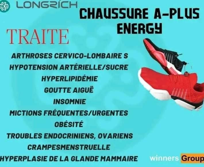 Chaussures énergétiques de longrich Elle stimule la circulation sanguine et tous les organes internes pour une guérison naturelle Balance et aligne l’angle de l’or Augmente la guérison naturelle, maintient l’équilibre du corps et brûle les graisses Vous ne pouvez jamais manquer d’énergie ou être fatigué. Vous pouvez même la porter au lit Elle a des aimants placés à des pointes réflexes correspondants sur vos pieds pour dynamiser votre santé n’importe où et n’importe quand La chaussure A-Plus de Longrich est destinée à: Personnes souffrantes de spondylose cervicale /lombaire Menstruation irrégulière Déséquilibre hormonal Problèmes ovariens Problèmes mammaires Maladies cardiaques Hémiplégie Paralysie Arthrose Rhumatisme Arthrite Problèmes majeurs de l’or et des articulations,  accident vasculaire cérébrale etc Augmente l’endurance, recharge, rédémarre et ravitalise Corrige les arcs de pieds, rectifie le squelette du corps Corrige la colone vertébrale Faite à base de nanomatériaux macro moléculaires d’acupuncture sur les pieds, elle stimule en permanence les points d’acupuncture._7