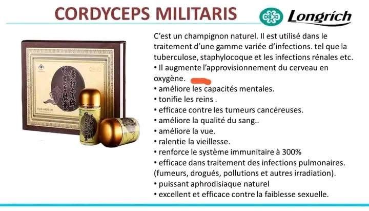 Excellent pour les poumons, les reins, le foie et le coeur. Stimule la performance sexuelle et le nombre de spermatozoïdes des hommes. Efficace dans le traitement des tumeurs bénignes et malignes. Inhibe la propagation des organismes pathogènes. Ravive les cellules mortes, nourrit la cellule et protège la cellule. Régule la pression artérielle et la glycémie._0