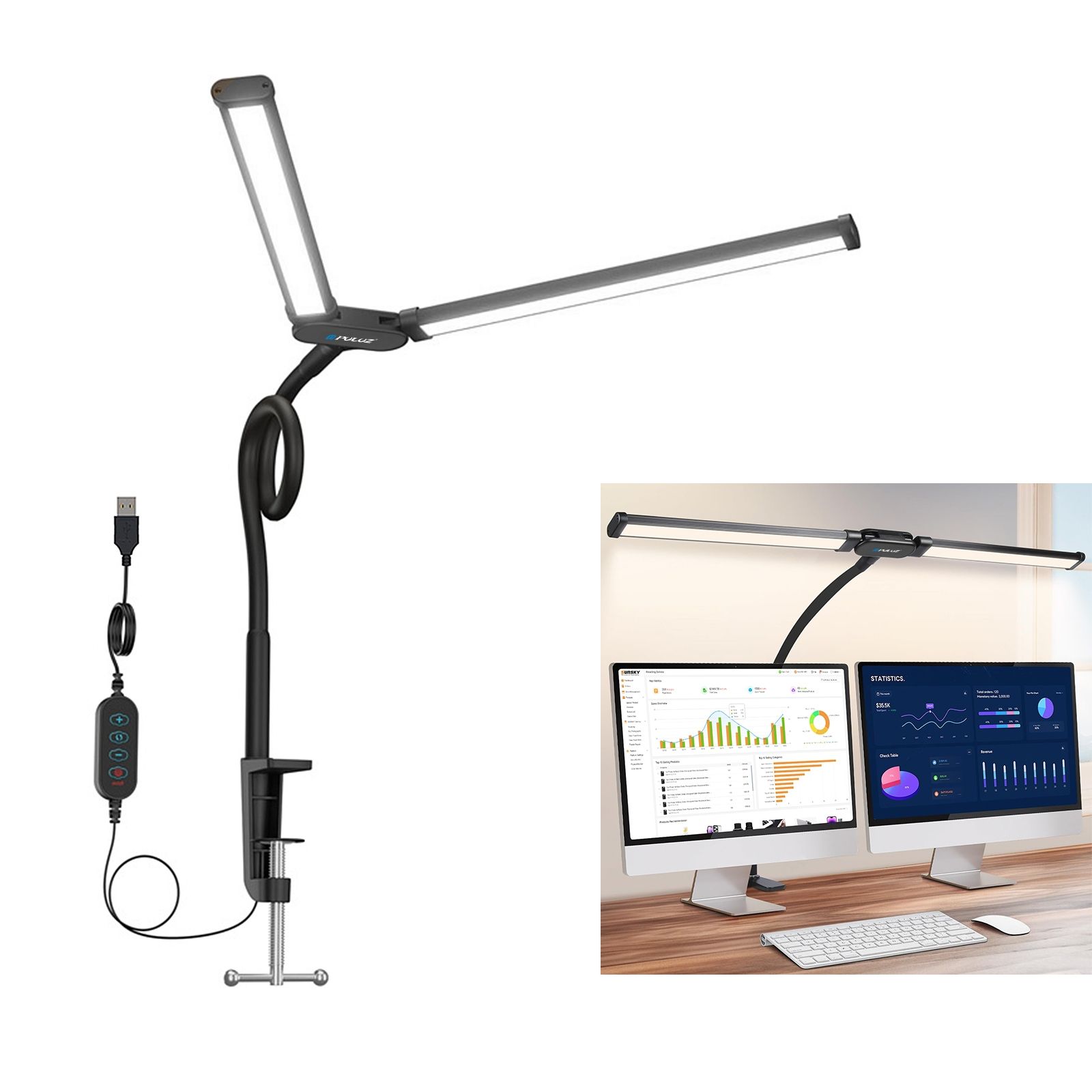 PULUZ Gooseneck Tube LED Fill Light Double Head Clip Desk Lamp (Black)_8