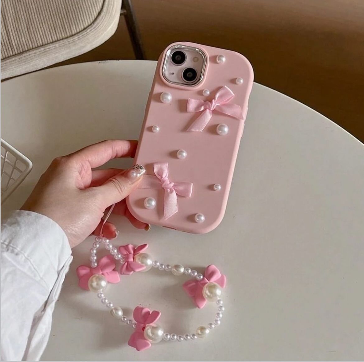 Pastel pink bow phone case with charms_0