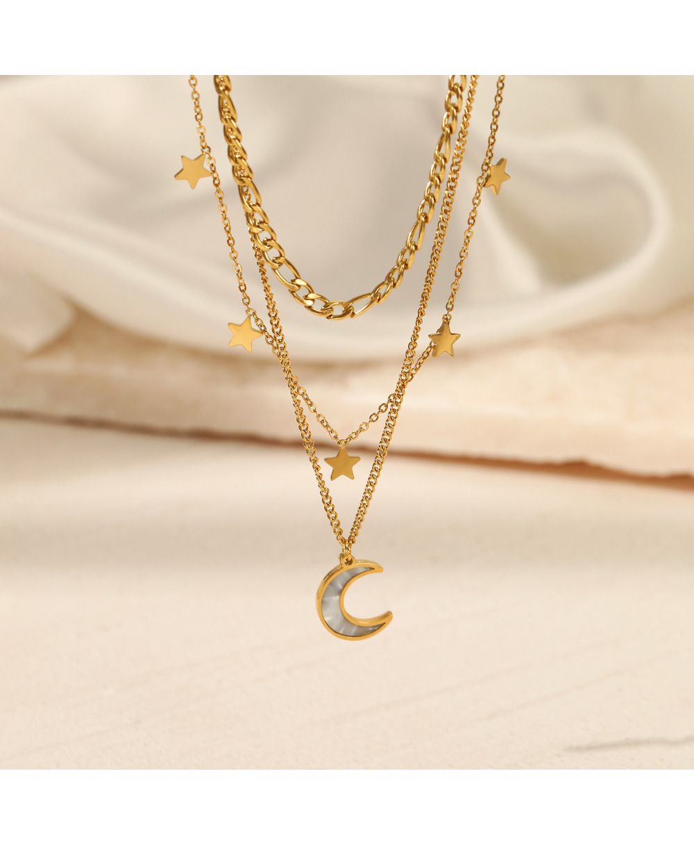 Collier acier doré multi rangs étoile et lune_1