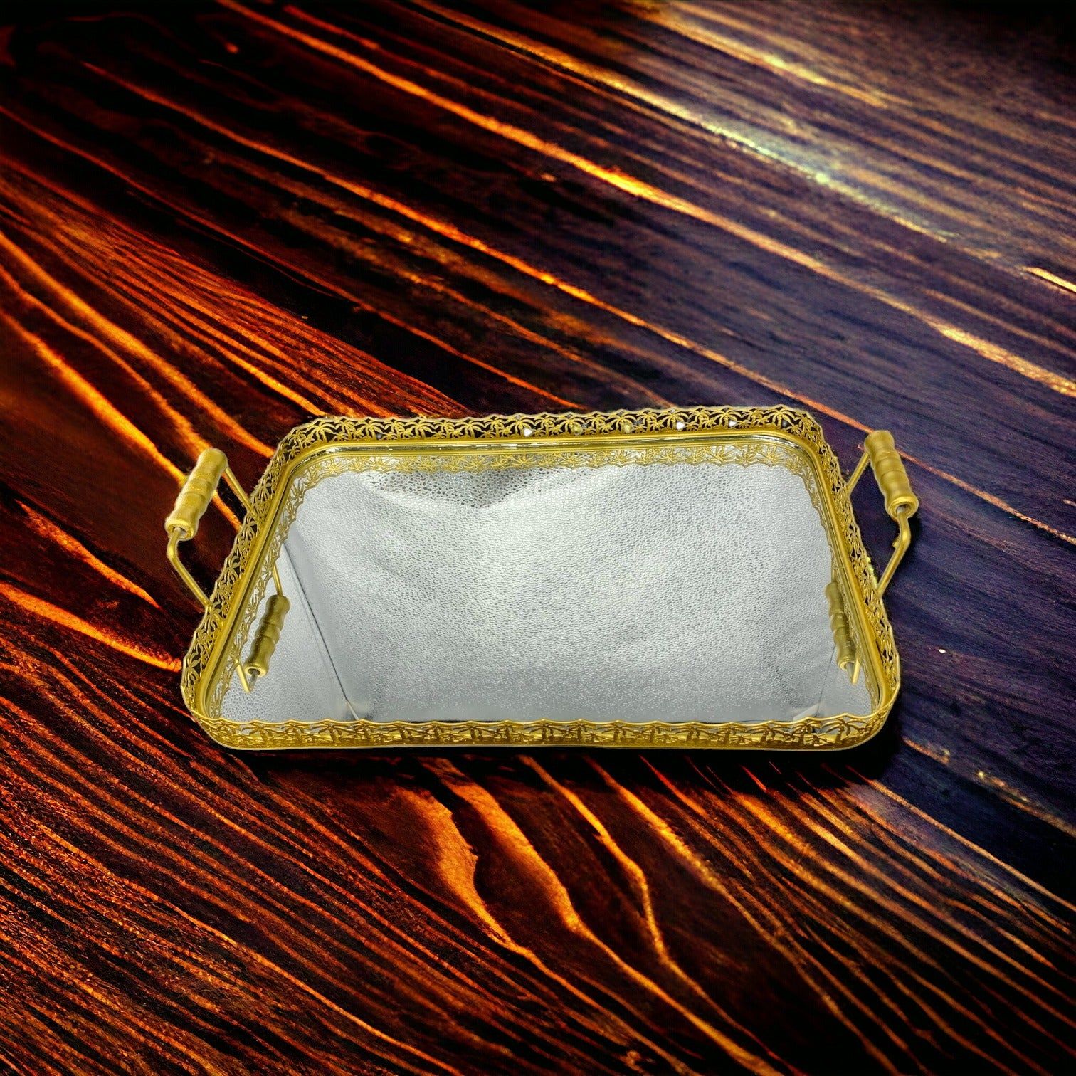 Golden Square Metallic Tray With Glass Base Small_1