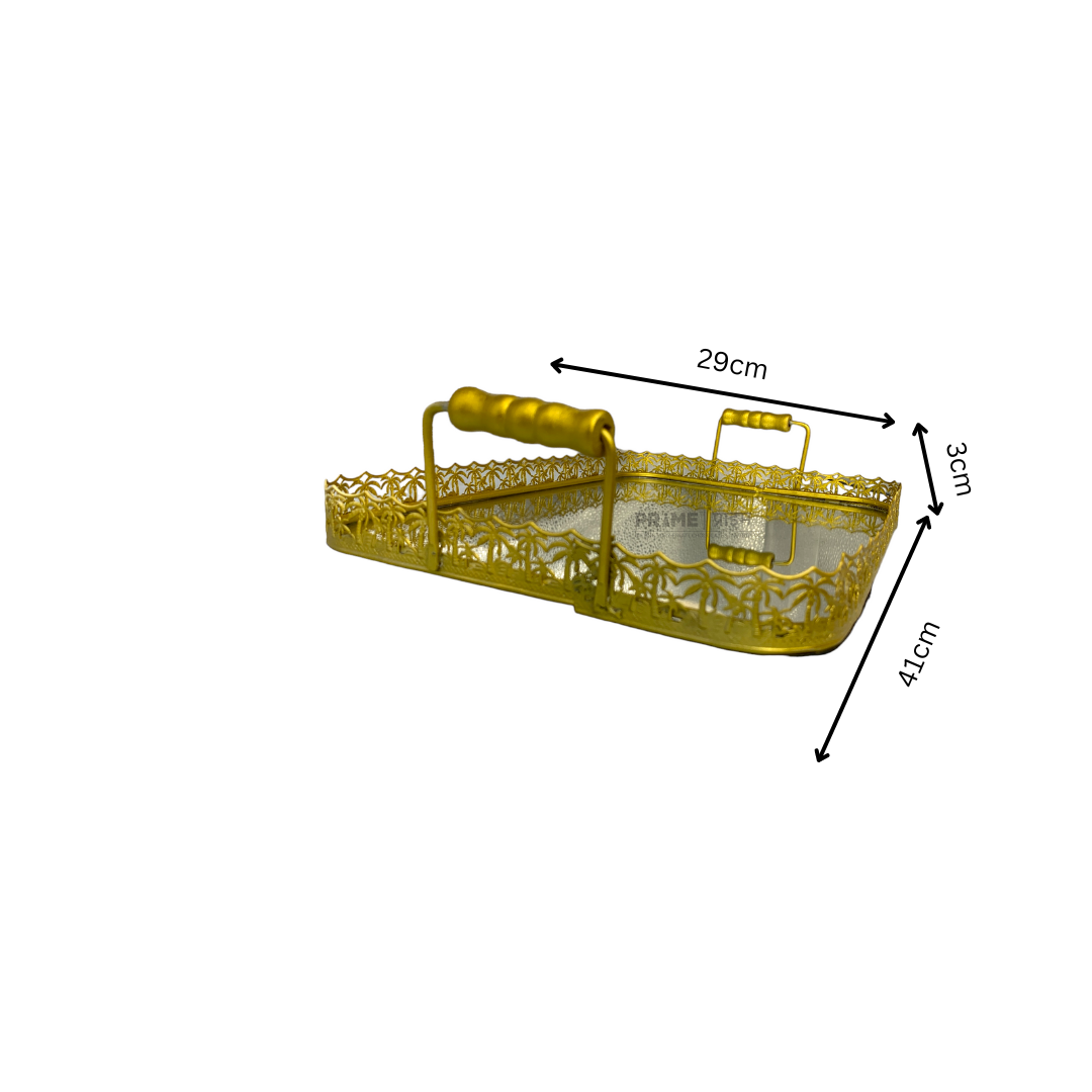 Golden Square Metallic Tray With Glass Base Large_0