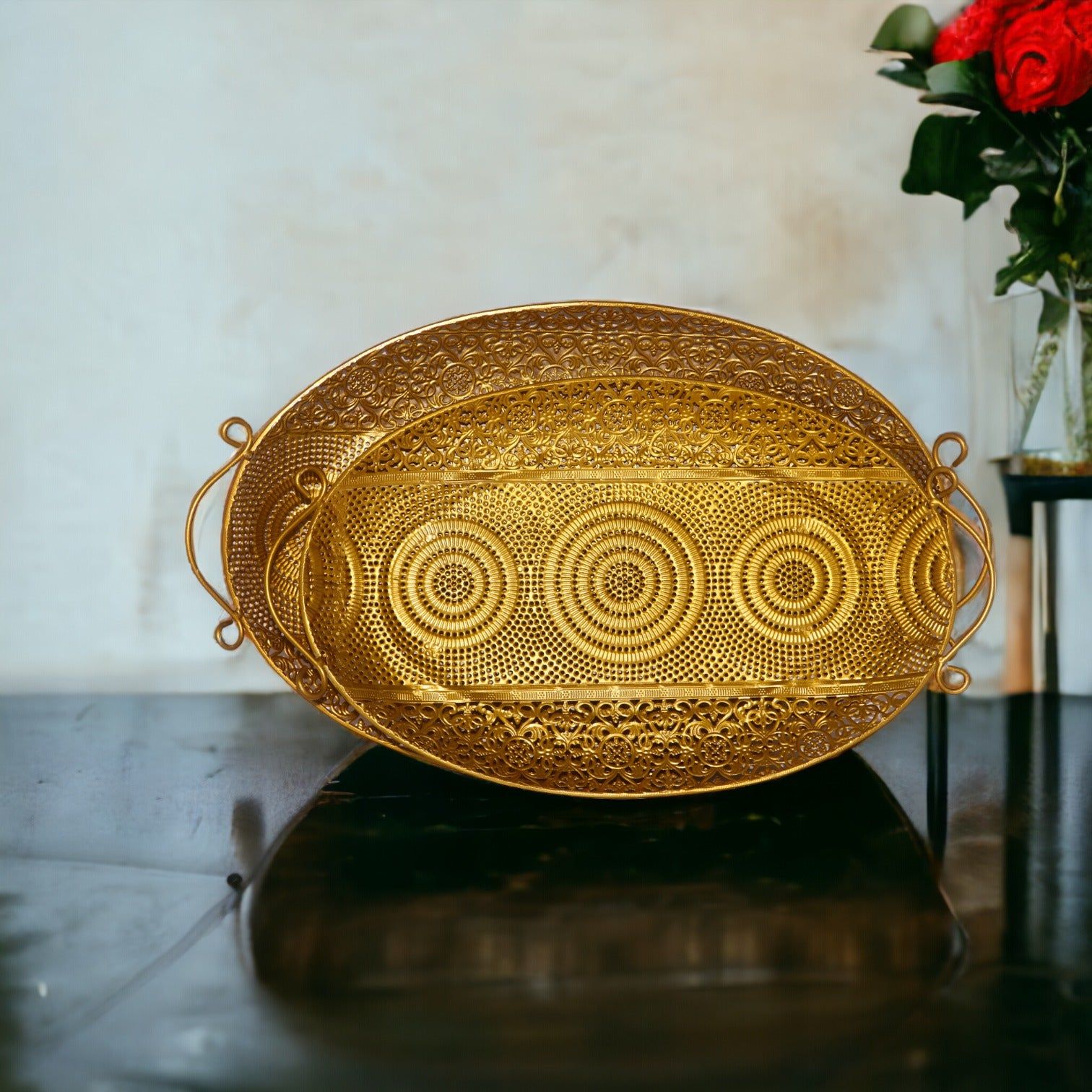 Golden Color Oval Shape Metallic Tray Large_3