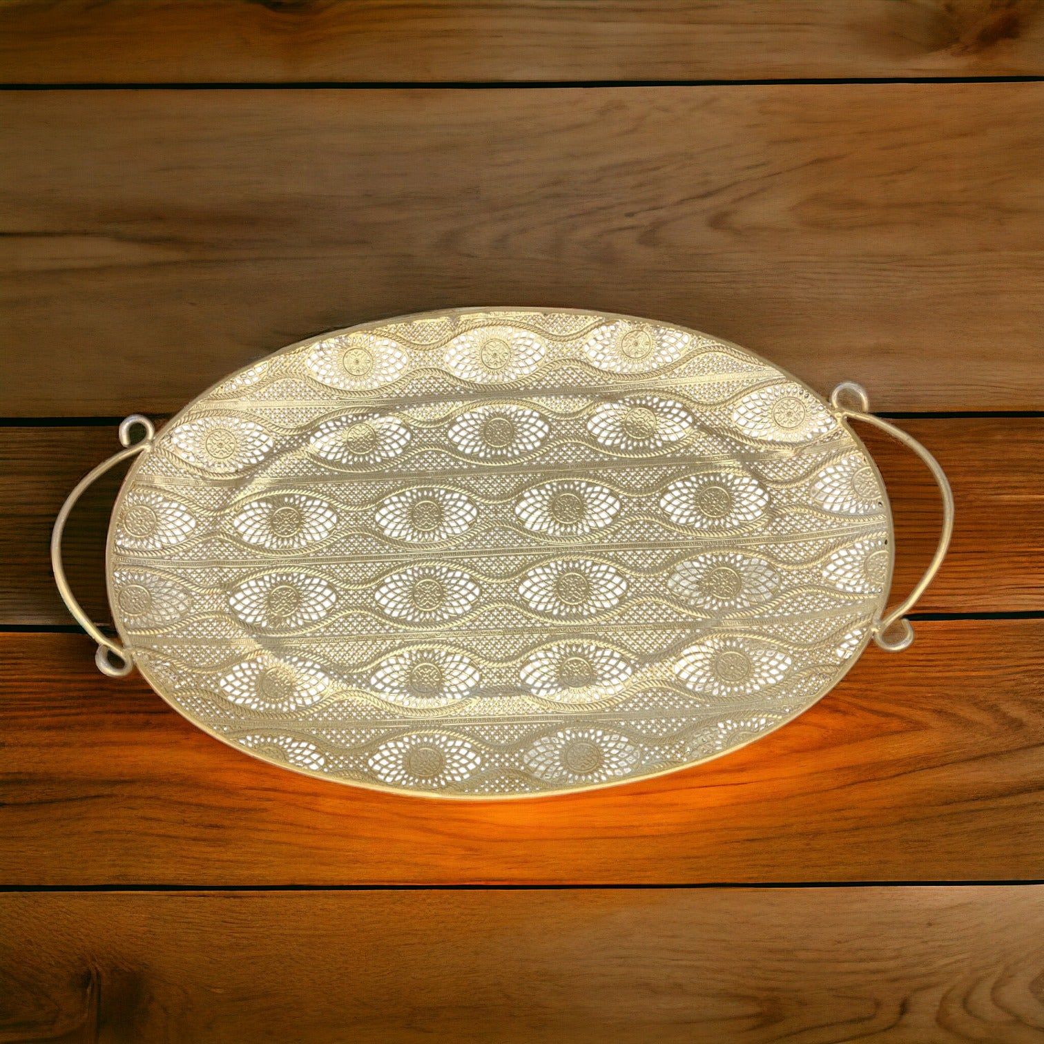 Golden Color Oval Shape Designer Metallic Tray Small_2