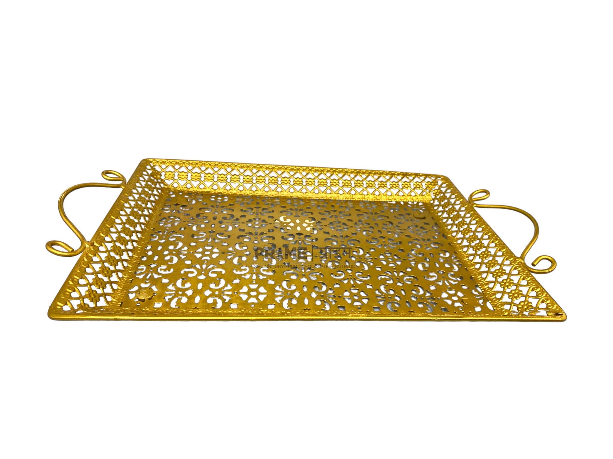 Golden Color Rectangular Shape Designer Metallic Tray Large_2