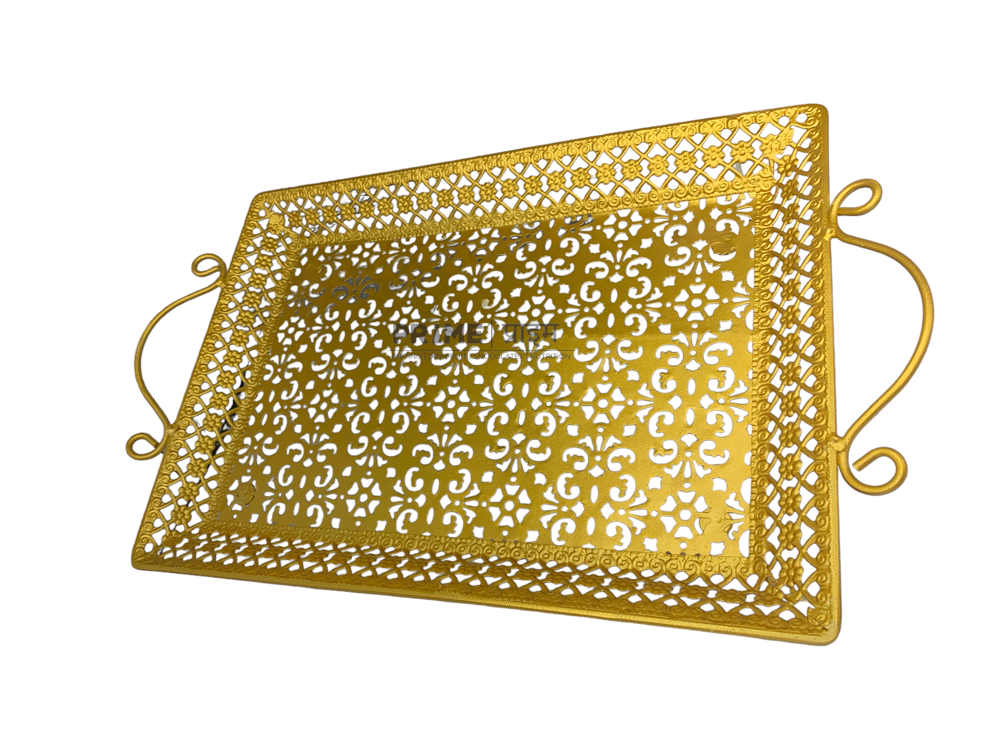 Golden Color Rectangular Shape Designer Metallic Tray Large_3