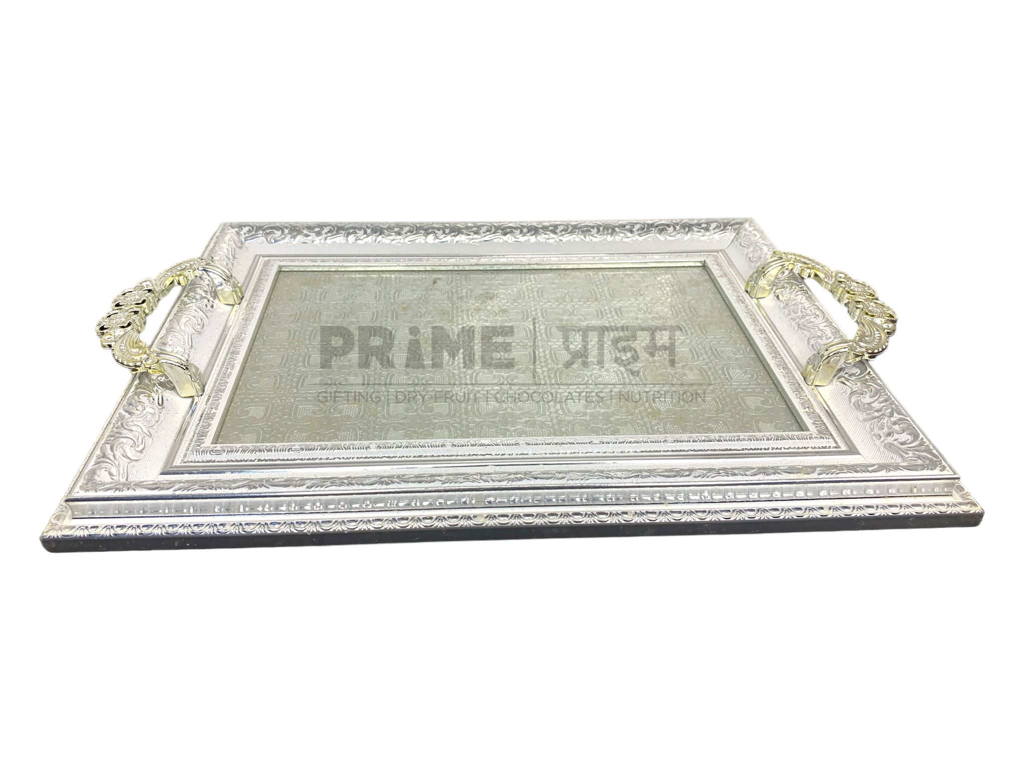 Silver Rectangular Fiber Glass on Base With Designer Handel Tray Large_2