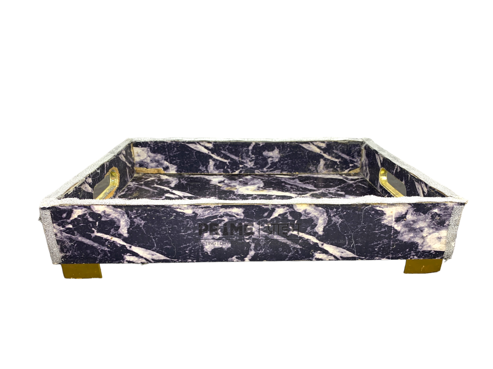 Black Rectangular Glossy Marble Printed Wooden Tray Large_1