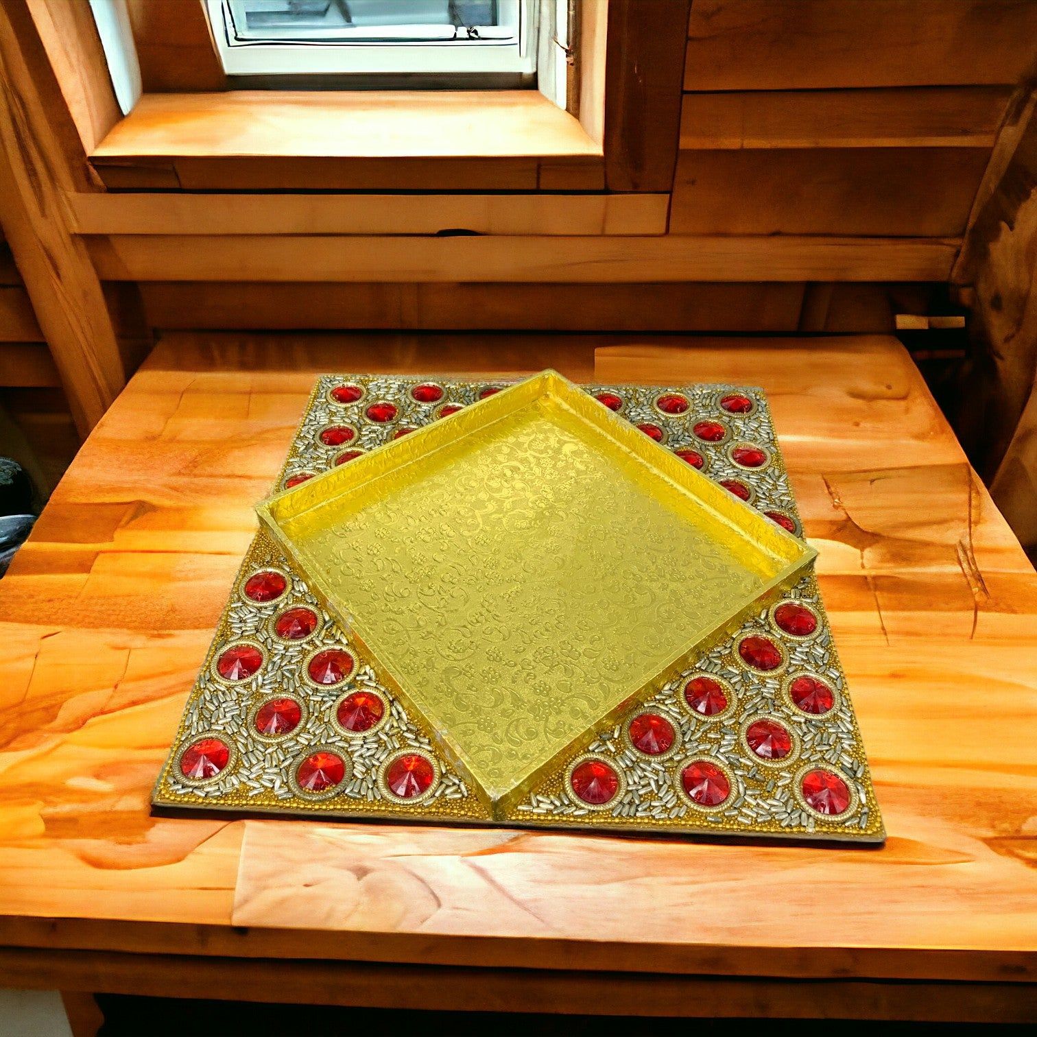 Golden Square Artificial Stone Work Dry Fruit Tray_5