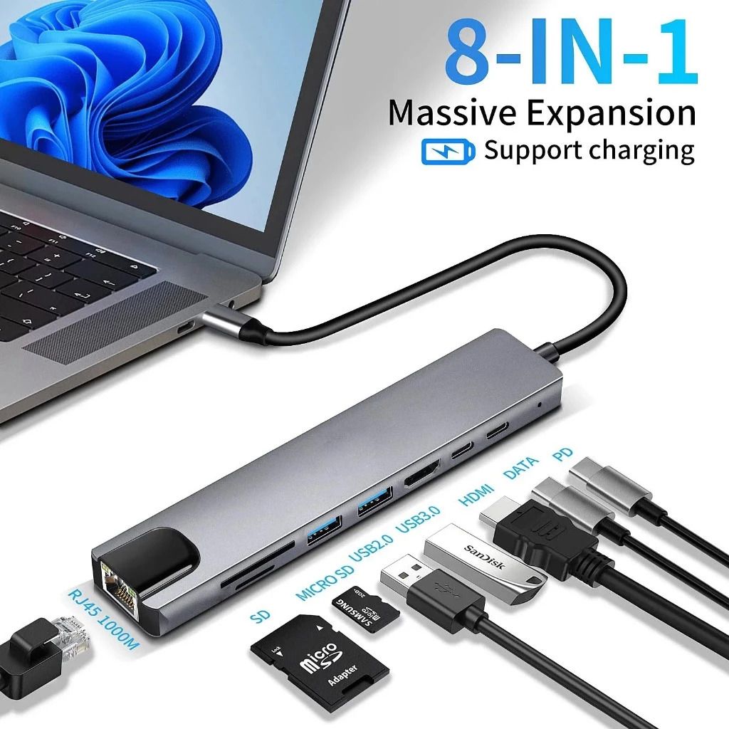 Adaptador USB-C 8 Em 1 ( HDMI, RJ45, USB 3.0 e USB TIPO-C )_0