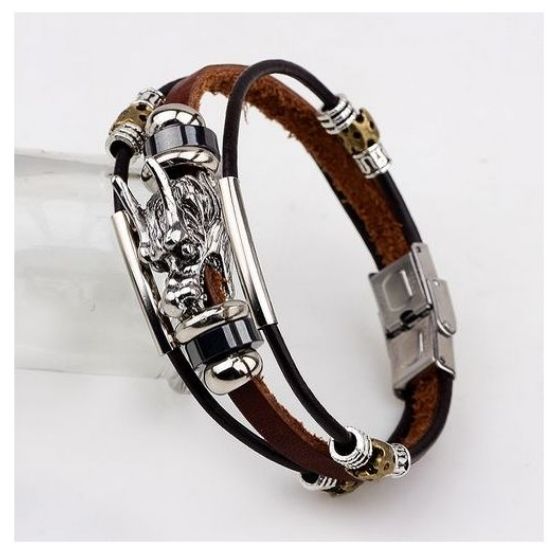 Bracelet en cuir pour Hommes En Argent Tibétain Dragon Multi _1