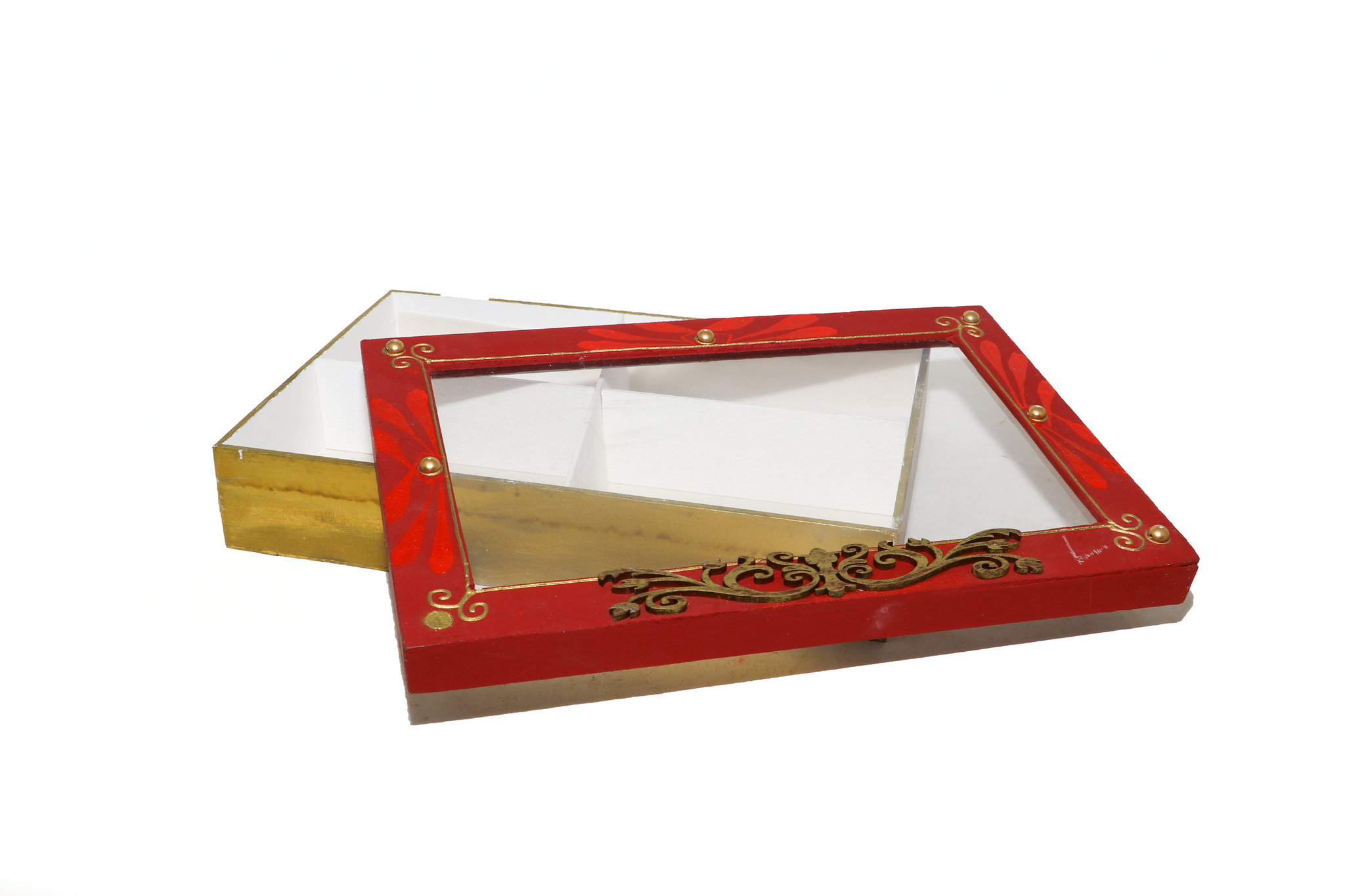 Red Rectangle Hand Crafted Four Partition Dry Fruit Box_1