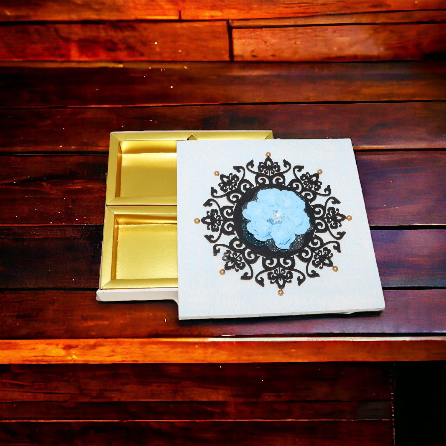 Blue Square Hand Crafted Four Partition Dry Fruit Box_0