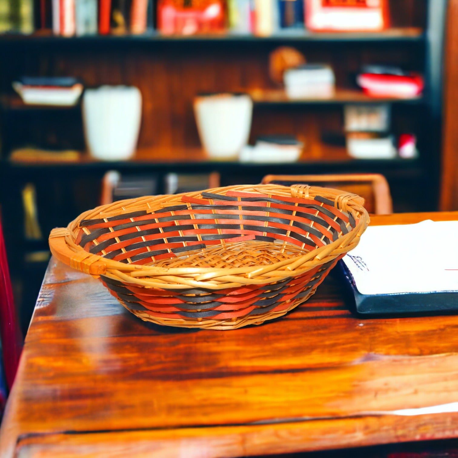 Red Blue Venner Rattan Oval Basket_0